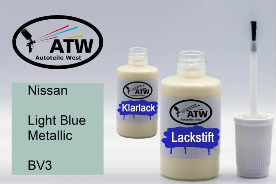 Nissan, Light Blue Metallic, BV3: 20ml Lackstift + 20ml Klarlack - Set, von ATW Autoteile West.